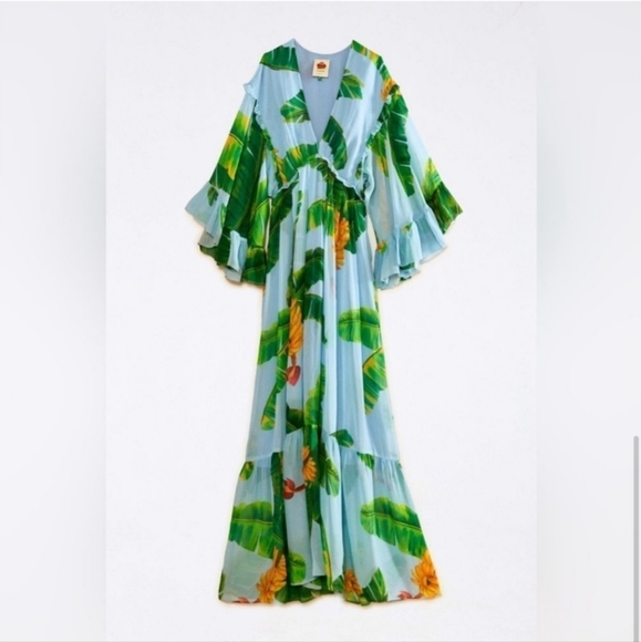 Farm Rio Blue Fresh Banana Butterfly Sleeve Ruffled maxi dress S